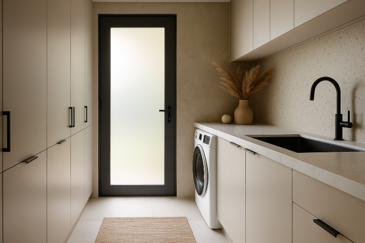 Lave-linge Whirlpool intégré dans une buanderie moderne, armoires vert sauge et plan de travail stratifié compact clair, ambiance douce et naturelle.