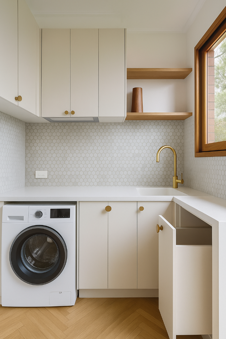 Buanderie moderne intégrée dans une cuisine contemporaine avec électroménagers Whirlpool Tunisie, plan de travail résistant et design épuré.